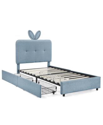 Twin Rabbit Ear Upholstered Bed w/LED and 4 Drawers