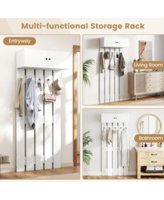 Wall Mounted Entryway Coat Rack with Storage Cabinet and 5 Hooks