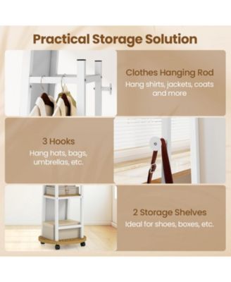 Freestanding Coat Rack with Full-Length Mirror, 3 Hooks and Storage Shelves on Wheels