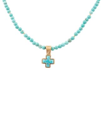 Blue Turquoise Cross Golden Pendant Necklace