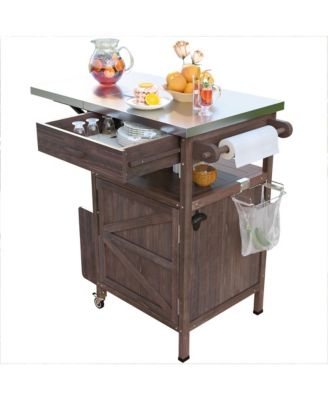 40.5inch Outdoor Grill Cart with Stainless Steel Top, Solid Wood Storage Cabinet with Drop Leaf, Drawer, Towel Rack and Lockable Wheels