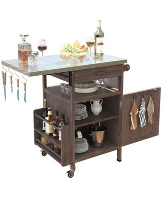 40.5inch Outdoor Grill Cart with Stainless Steel Top, Solid Wood Storage Cabinet with Drop Leaf, Drawer, Towel Rack and Lockable Wheels