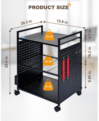 3-Tier Rolling Stand with Pegboard, Adjustable Shelf for Office Home