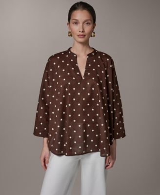 Women's Cotton Voile Dot Print Long Sleeve Mandarin Collar Split Neck Blouse