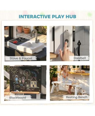 Outdoor Playhouse, Wooden Kids Playhouse with Dog Door for Garden