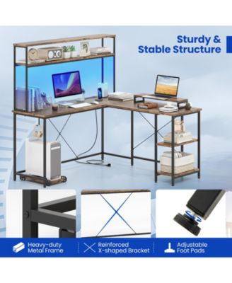 L-Shaped Reversible Gaming Desk with LED Strip and Power Outlets Hutch Monitor Stand