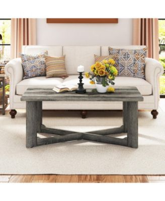 Rectangle Coffee Table Rubber Wood Base with X-Shaped Base-Gray