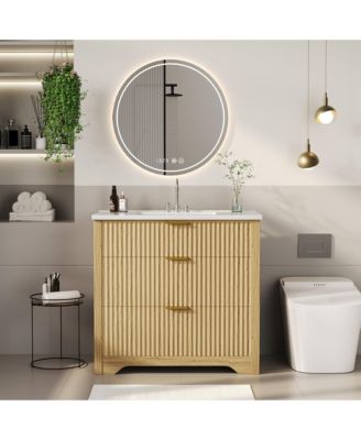 Fluted Bathroom Vanity with Sink, Farmhouse Freestanding Cabinet with 2 Drawers and Flip-Down Drawer, Easy Assembly