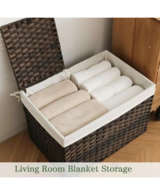 Storage Basket With Lid Woven Wicker 2 Bins 92 Gallon Foldable Removable Liners For Bedroom Laundry Room