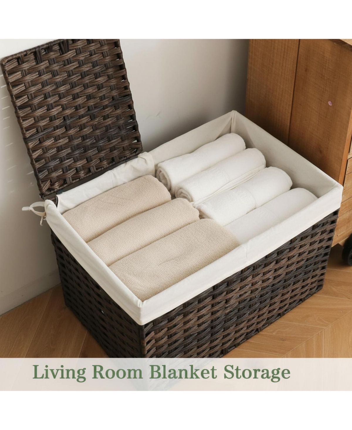 Yigii Storage Basket With Lid Woven Wicker 2 Bins 92 Gallon Foldable Removable Liners For Bedroom Laundry Room