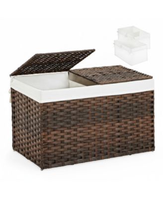Storage Basket With Lid Woven Wicker 2 Bins 92 Gallon Foldable Removable Liners For Bedroom Laundry Room