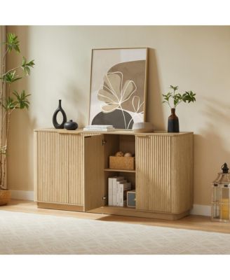  Curved Wave Design Sideboard, Modern 4-Door Storage Buffet Cabinet with Vertical Stripes and Gold Accent Handles for Living Room