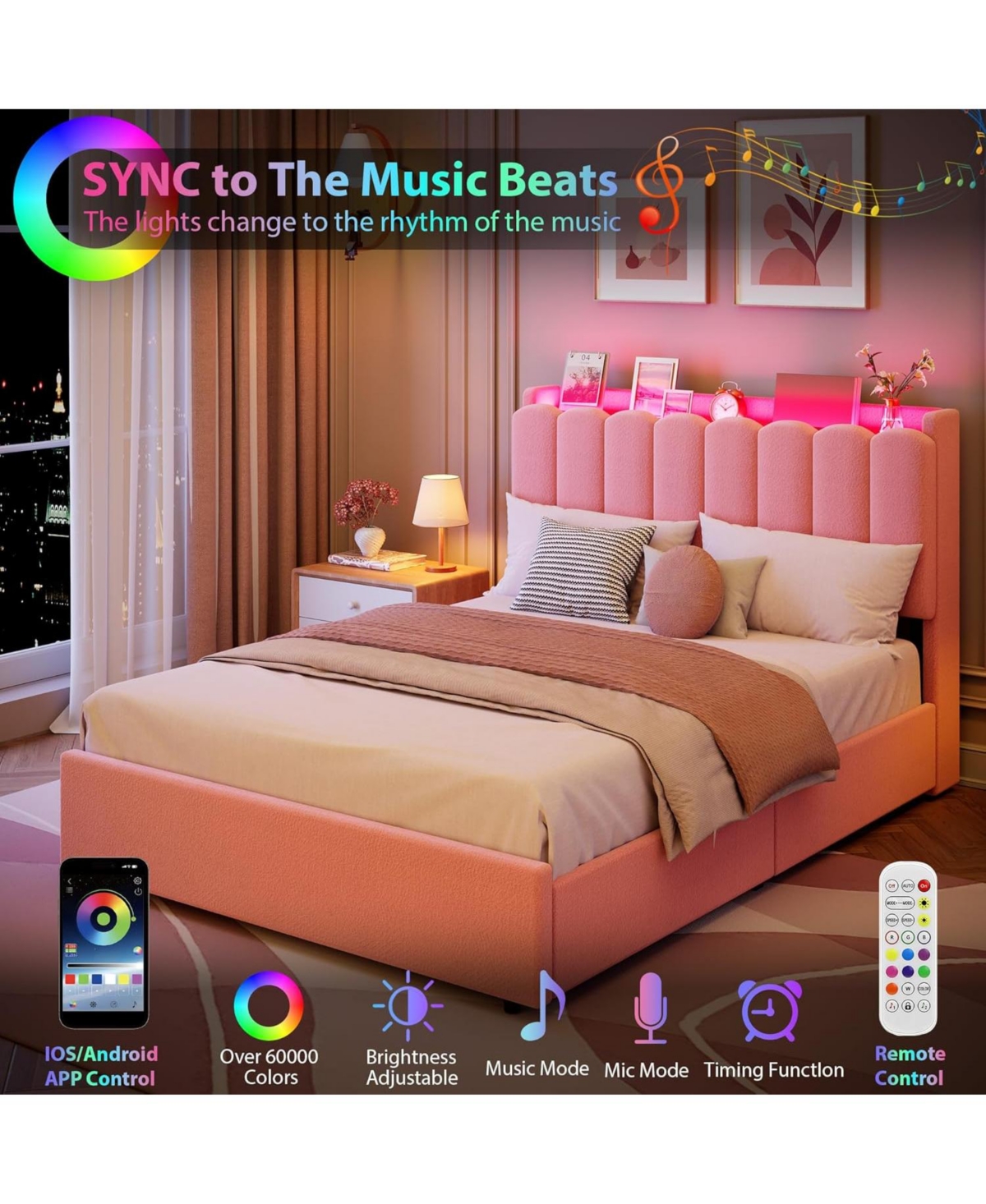 gaomon Led Bed Frame with Storage Headboard, Boucle Upholstered Platform for Girls, 2 Drawers and Bookcase