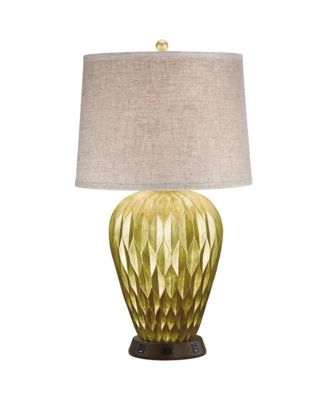 Modern Table Lamp with USB and AC Power Outlet Workstation Charging Base 28" Tall Bronze Fabric Drum Shade Living Room