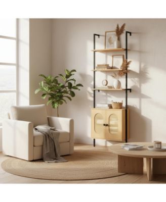 72.5" H Ladder Bookshelf with Cabinet 3-Tier Wall Mounted Rattan Metal Frame Boho Open Storage Display Rack