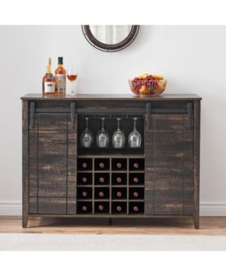 Farmhouse Bar Cabinet with Barn Doors, Wine Storage with Drawer and Open Shelves, Burnt Wood Finish, Home Bar
