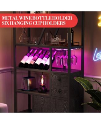 Wine Bar Cabinet with LED, Wine Rack, Glass Holder, Power Outlets, Bakers Rack for Kitchen, Dining or Living Room