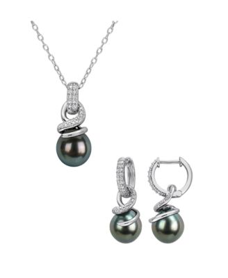 Cultured Tahitian Pearl and Diamond Drop Earrings and Necklace in Sterling Silver Collection