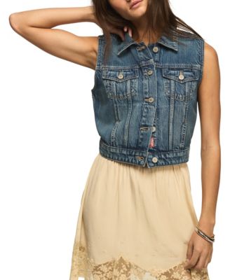 Women's Medium Wash Cropped Denim Trucker Vest