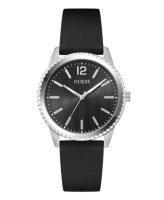Men's Silver-Tone Stainles Steel Black Silicone Analog Watch, 40mm