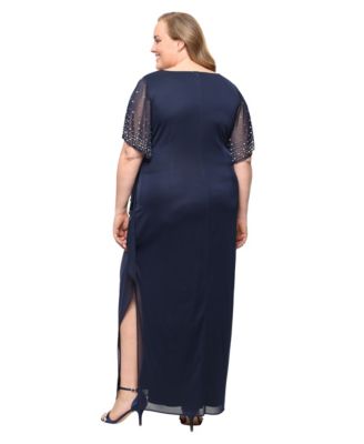 Plus Size Embellished-Sleeve Draped Chiffon Gown