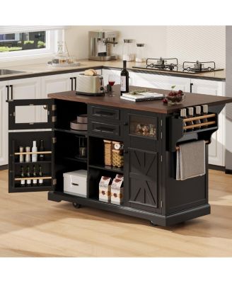 Rolling Kitchen Island Power, Storage, Glass Door