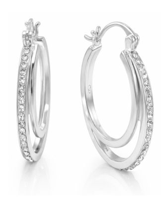Crystal Double Hoop Earrings in Silver-Plate, 1.2"