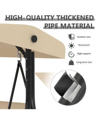 3-seat porch swing with stand, adjustable canopy, 800 lb capacity, cup holder tray, cushions and pillows for outdoor patios.