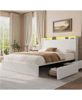 LED Bed Frame with 4 Storage Drawers and Storage Headboard, Soft Boucle Upholstered Platform Bed Frame with Charging Station and USB Ports