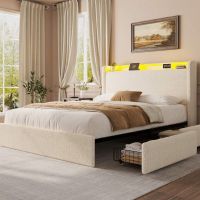 LED Bed Frame with 4 Storage Drawers and Storage Headboard, Soft Boucle Upholstered Platform Bed Frame with Charging Station and USB Ports