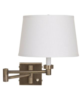 Modern Swing Arm Wall Lamp Antique Brass Plug-In Light Fixture White Linen Drum Shade for Bedroom Bedside Reading