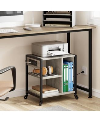 Mobile Printer Stand with USB Ports and Outlets, 3-Tier Rolling Printer Table with Storage for Home or Office