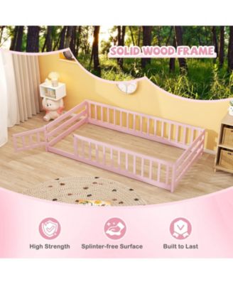 Twin Size Kids Montessori Floor Bed with Door and Protective Fence