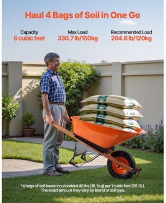 Wheelbarrow Cart, 6 Cu Ft, 330 lbs Capacity, Metal Handle, for Garden and Yard