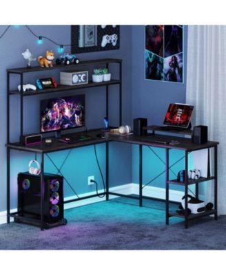 L-Shaped Reversible Gaming Desk with LED Lights, Power Outlets, Monitor Stand and Hutch