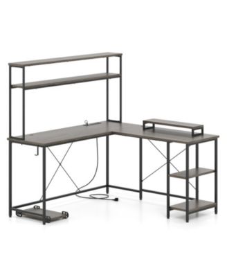 L-Shaped Reversible Gaming Desk with LED Lights, Power Outlets, Monitor Stand and Hutch