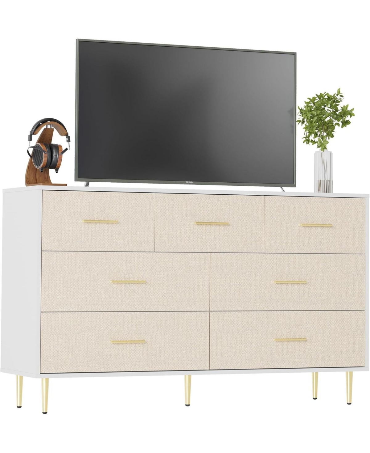 gaomon 7 Drawer Dresser, Modern Chest of Drawer with Gold Metal Handles, Wood Dresser for Bedroom with Strong Metal Legs