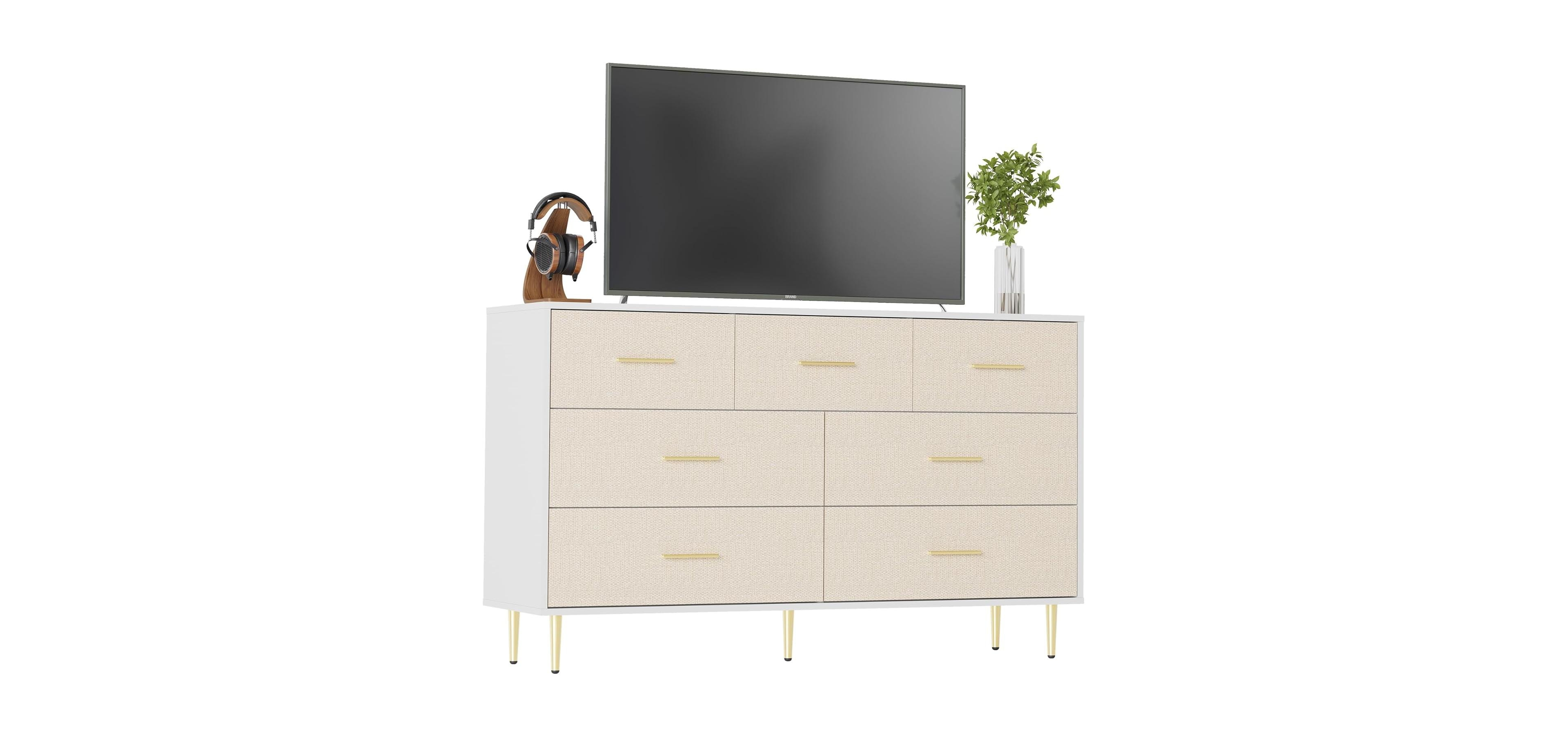 gaomon 7 Drawer Dresser, Modern Chest of Drawer with Gold Metal Handles, Wood Dresser for Bedroom with Strong Metal Legs