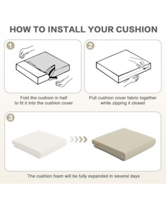 Set of 2 outdoor cushions, 24"x24", soft fade-resistant polyester, removable cover, hidden zipper & secure ties for patio or garden.