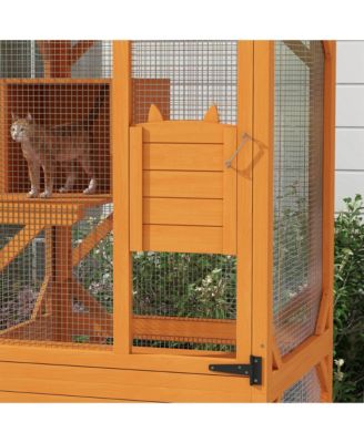Zeus &  Ruta Large Cat Haven with Elevated Sleeping Platform, 71" Wooden Frame with Asphalt Roof, Indoor/Outdoor Enclosure with Wheels