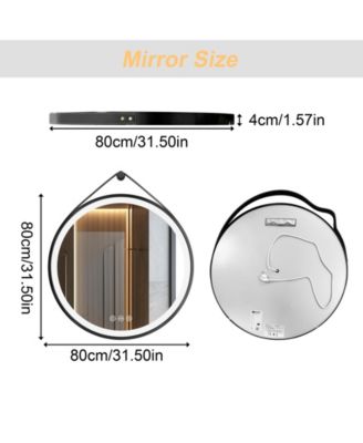 32" Circle Hanging Vanity Mirror for Wall with Leather Strap 3 Colors Dimmable for Bedroom Entryway
