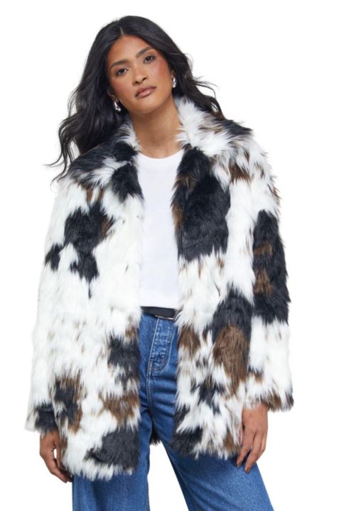 Женские куртки Warehouse Premium Funnel Neck Mono Faux Fur Coat