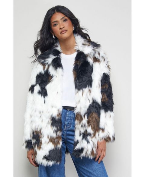 Женские куртки Warehouse Premium Funnel Neck Mono Faux Fur Coat
