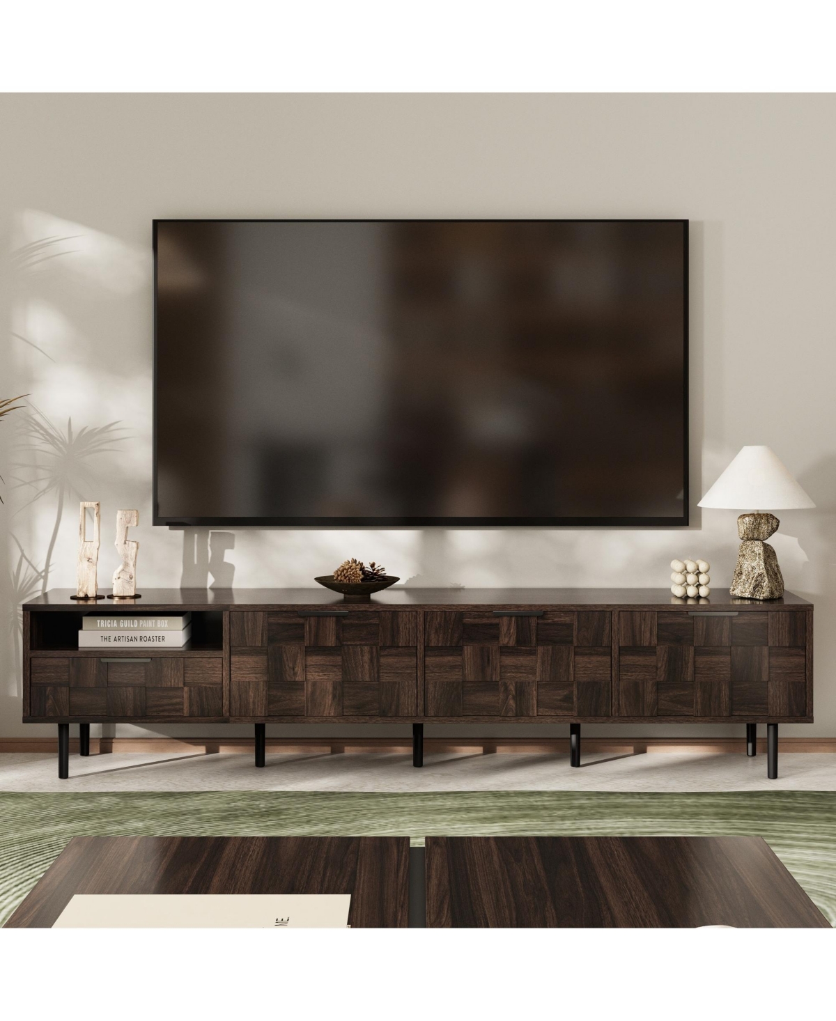 Rainsken Tv Stand for TVs , Modern Entertainment Center, Media Console with Drawer, Storage Cabinets and Open Shelf for Living Room