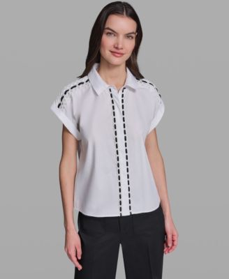 Women's Collared Eyelet Trim Top