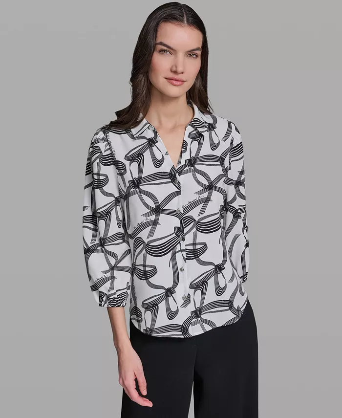 Women's Bow Print Woven Collared Top
