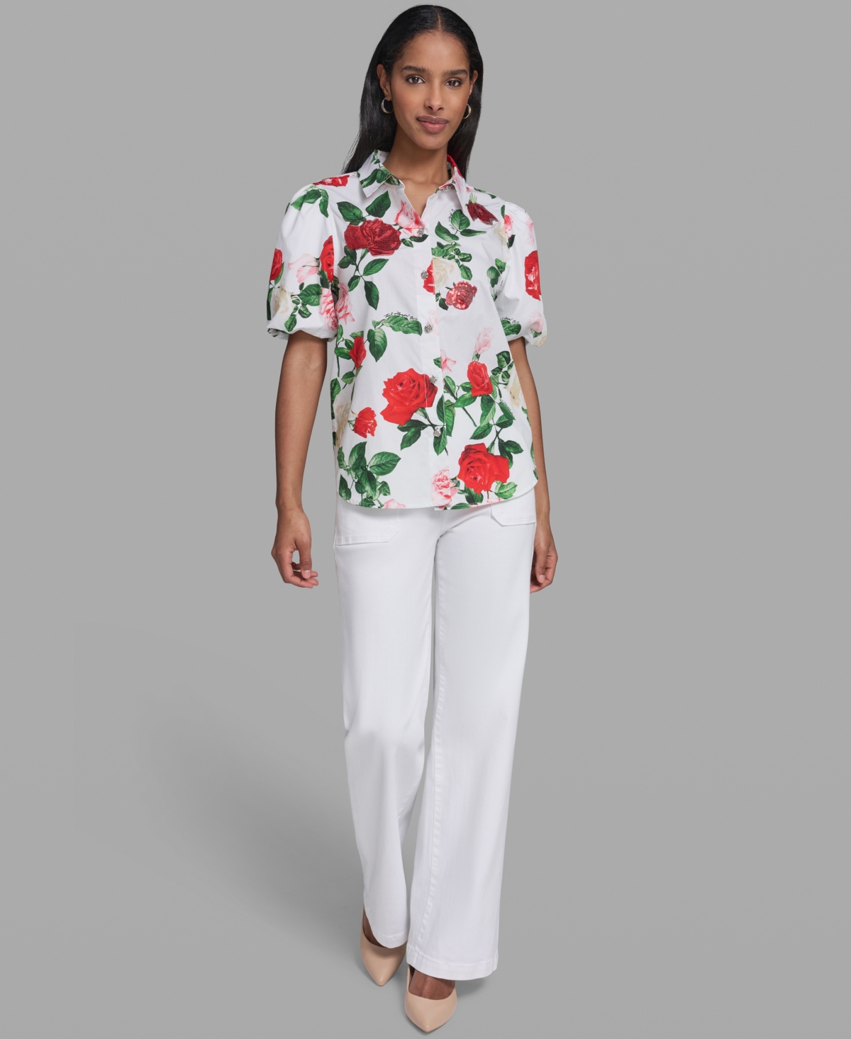 Karl Lagerfeld Paris Women's Printed Puff-Sleeve Collared Top