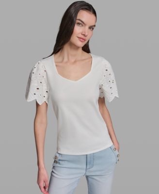 Women's Eyelet Mix Media V-Neck Top