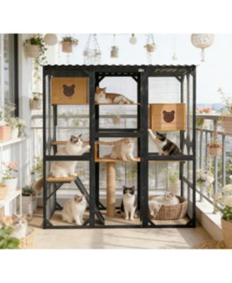 Fir Wood Outdoor Cat Enclosure With Sleeping House Jumping Platforms And Secure Doors