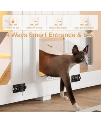  47.25" LED Light Litter Box Enclosure with Hidden Cat Furniture Cabinet, Stairway Scratching Post and Smart Doors